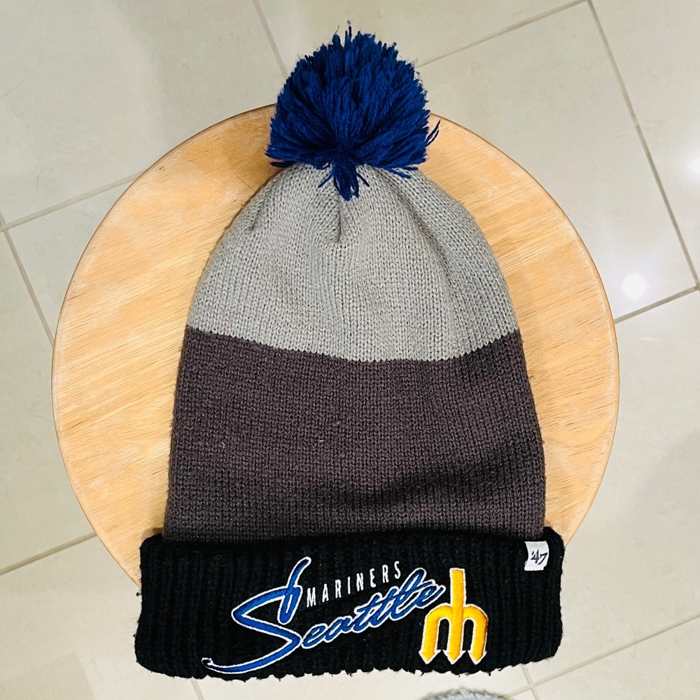 '47 Seattle Mariners MLB Beanie Hat Adult One Size Black Gray with Blue Pom Pom.